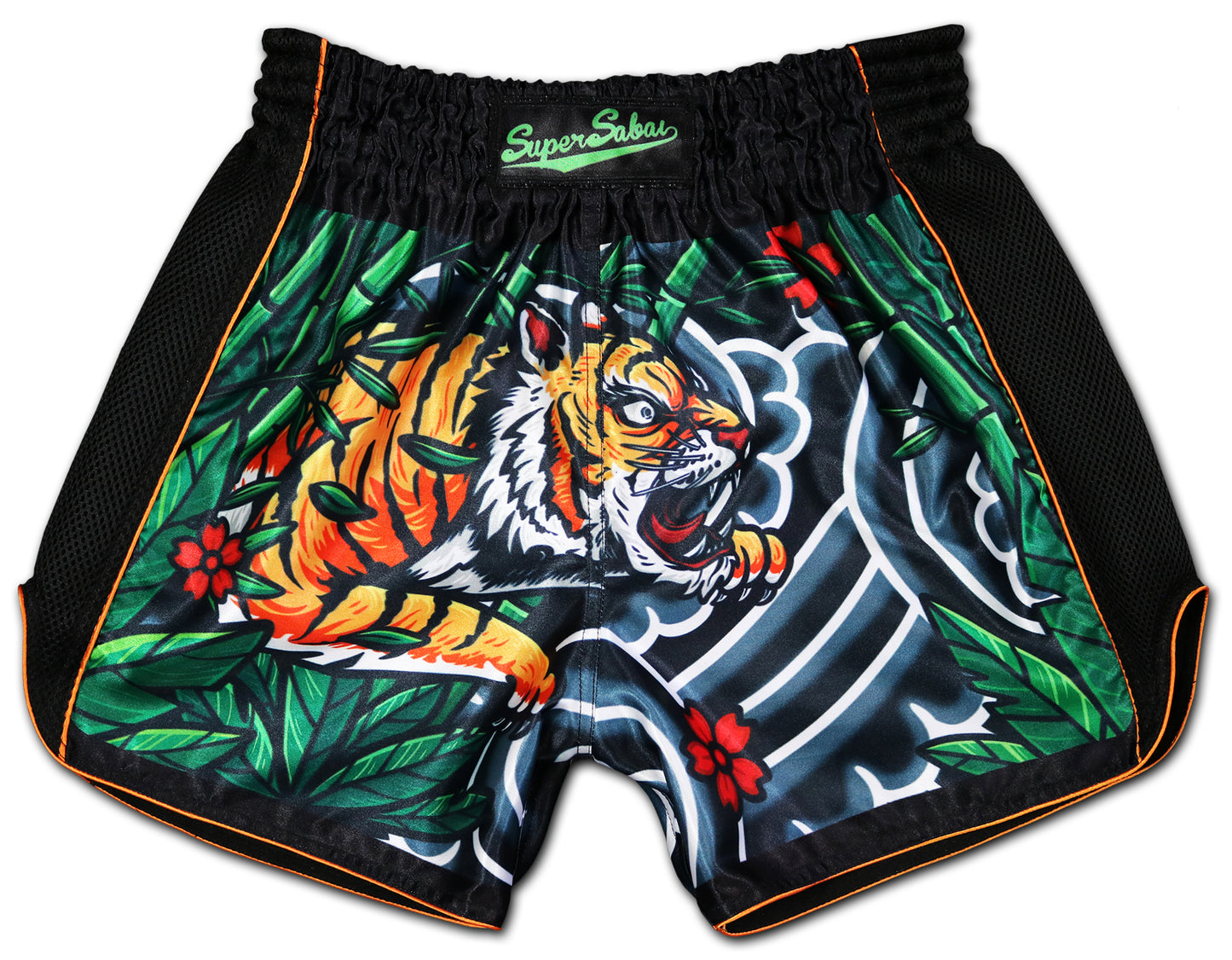 Muay Thai Shorts with Japanese Irezumi tiger design, jungle leaves, black mesh side panels, and orange piping β handmade in Thailand by our family business