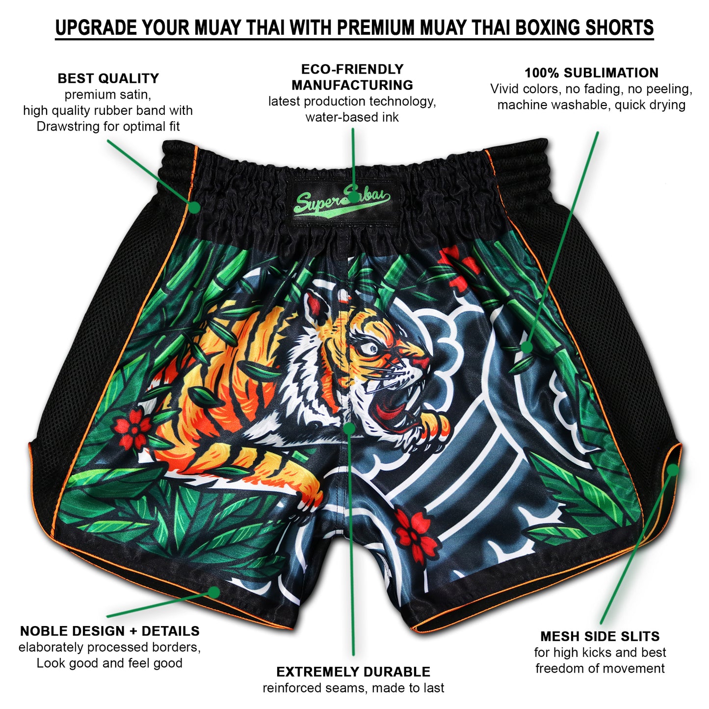 Infographic of Irezumi Tiger Muay Thai Shorts highlighting premium satin, mesh side panels, sublimation print, and reinforced seams β handmade in Thailand
