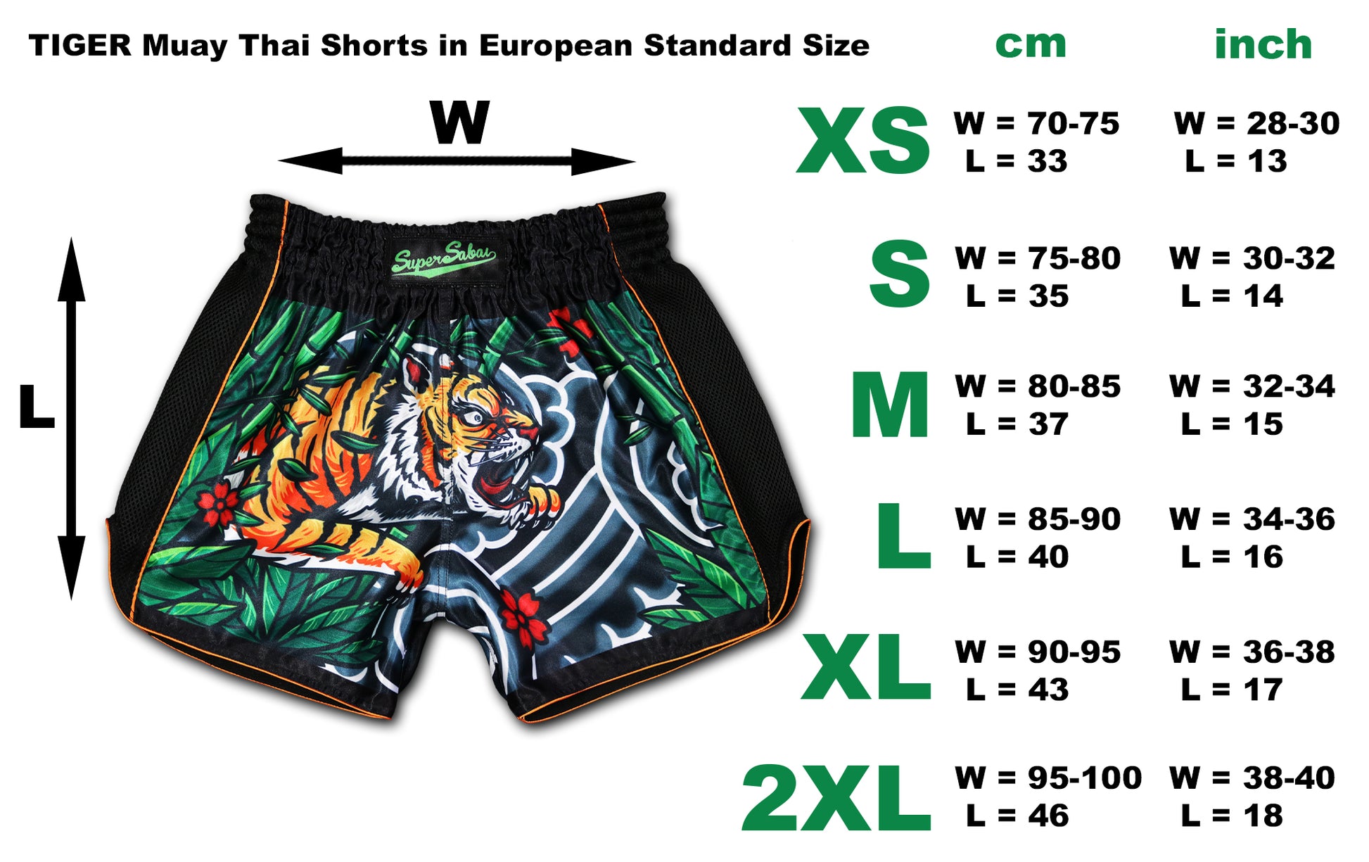 Size chart for Irezumi Tiger Muay Thai Shorts in European standard sizes XS to 2XL with waist and length in cm and inches