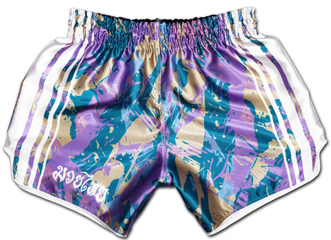Hand-crafted purple Muay Thai shorts with 8 white stripes, Thai lettering. Premium satin, unisex XS-2XL. Made in Thailand.