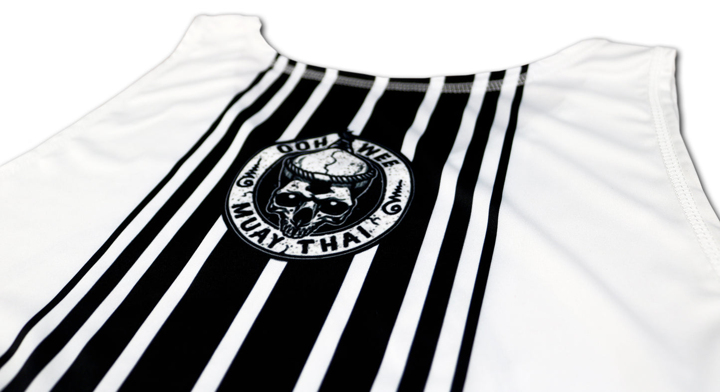 closeup from the backside of our new muay thai tank top showing the 8 stripes
