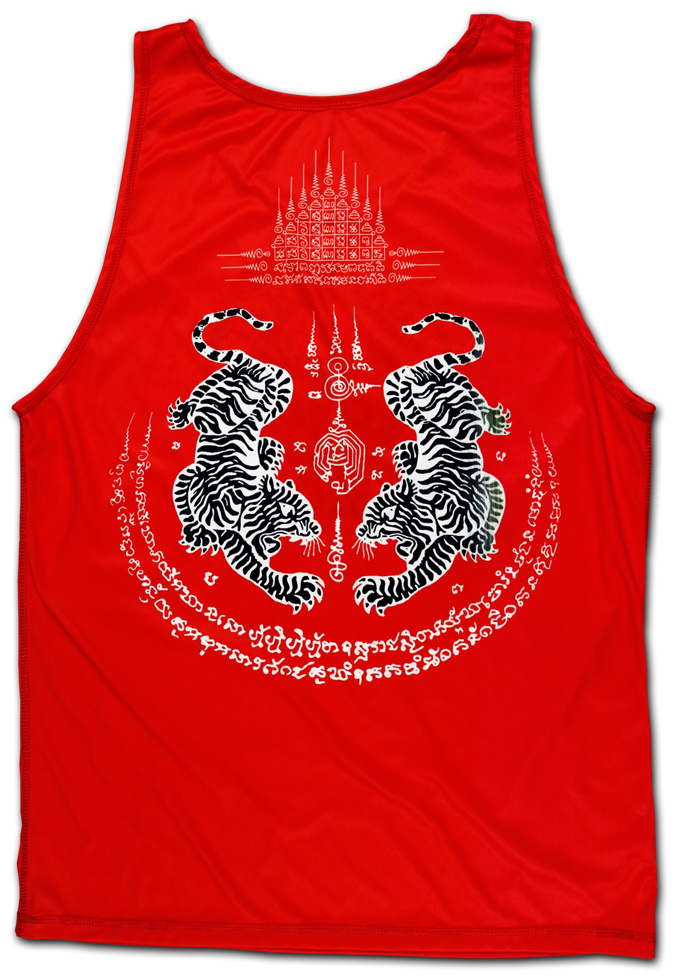 Backside of the red Muay Thai tank top featuring a white graphic design with two black and white tigers, surrounded by traditional Sak Yant symbols and Thai script, arranged in a circular pattern for protection and strength.