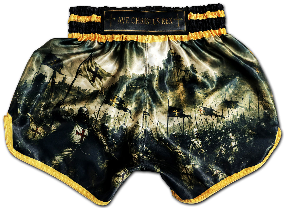 Soldier of God ✞ Thai Boxing Shorts in Black and Gold