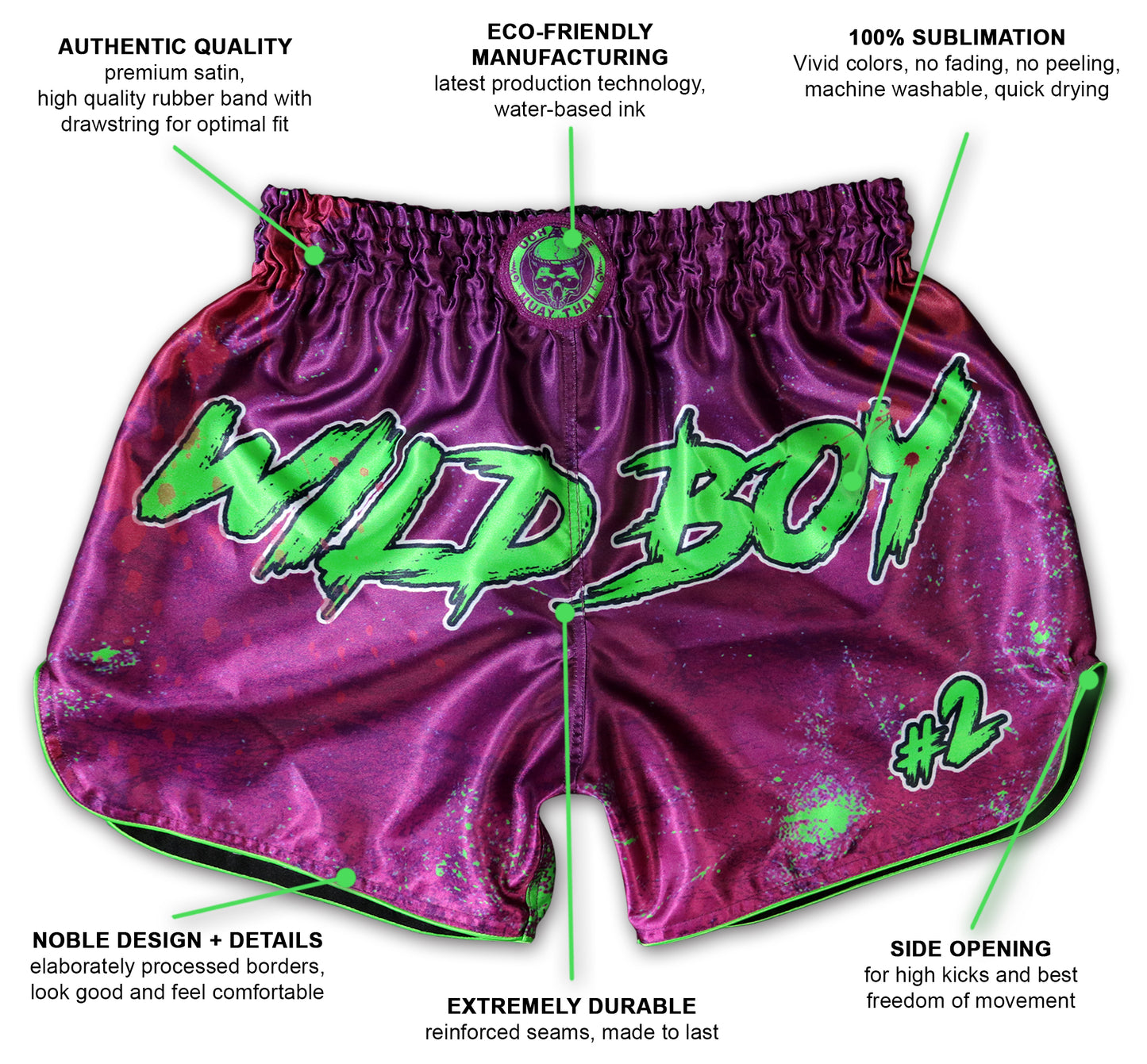 Wild Boy Muay Thai Shorts in shiny purple satin with neon green graffiti lettering and paint splatter, shown with infographic labels highlighting premium satin quality, eco-friendly water-based inks, 100% sublimation for vivid colors, noble design details, extreme durability with reinforced seams, and side opening for high kicks, handmade in Thailand, extreme limited edition, customizable with name.