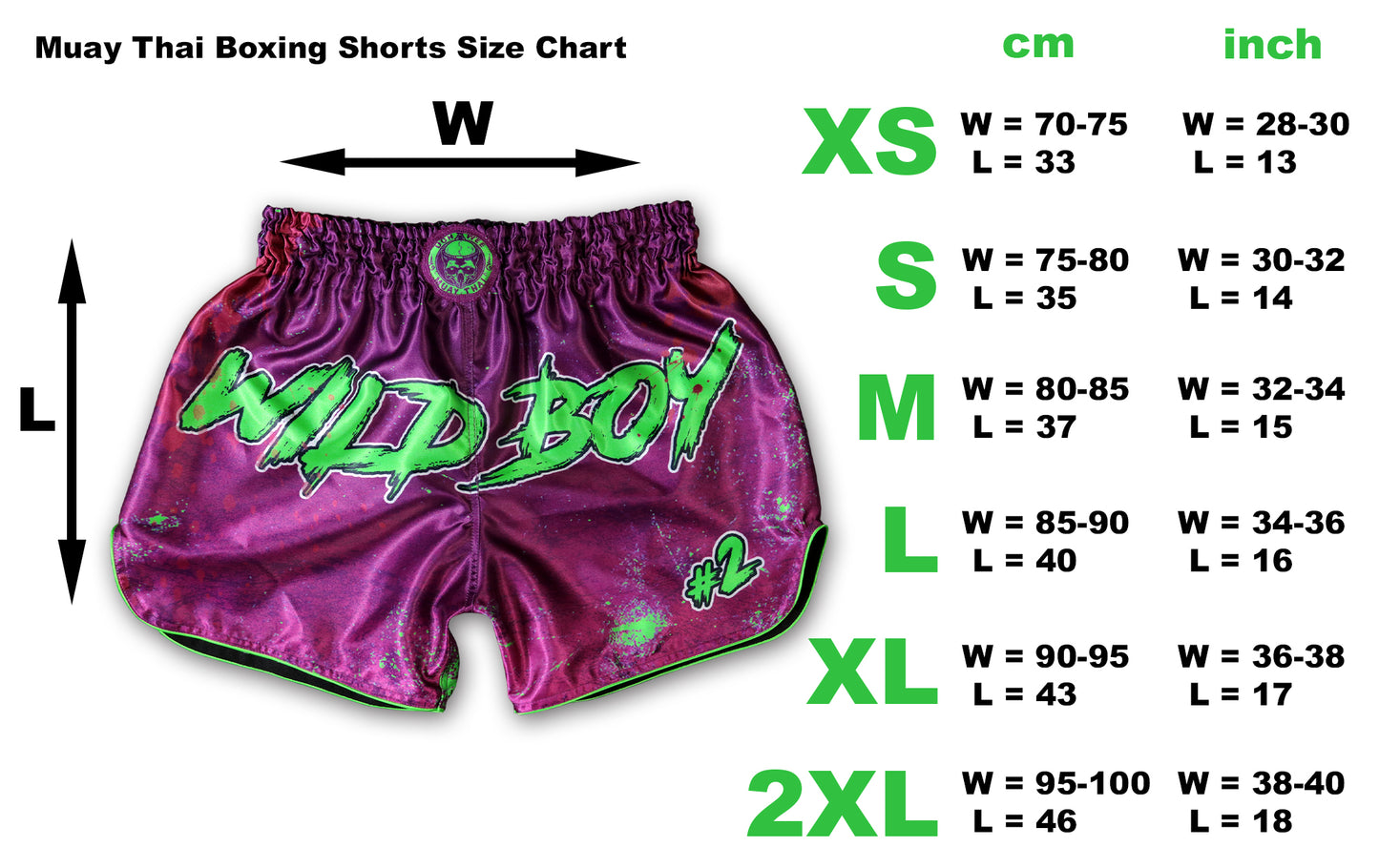 Size chart for Wild Boy Muay Thai Shorts showing purple satin shorts with neon green graffiti lettering and measurements for sizes XS to 2XL in centimeters and inches, indicating waist width and length, handmade in Thailand, extreme limited edition, customizable with name.
