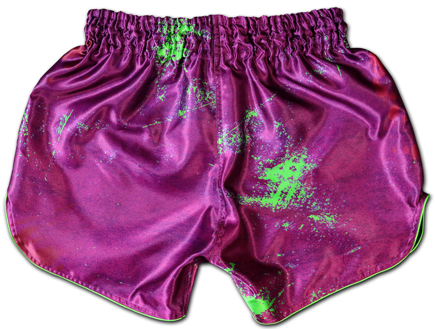 Back view of Wild Boy Muay Thai Shorts in shiny purple satin with neon green paint splatter design, handmade in Thailand, extreme limited edition, customizable with name.