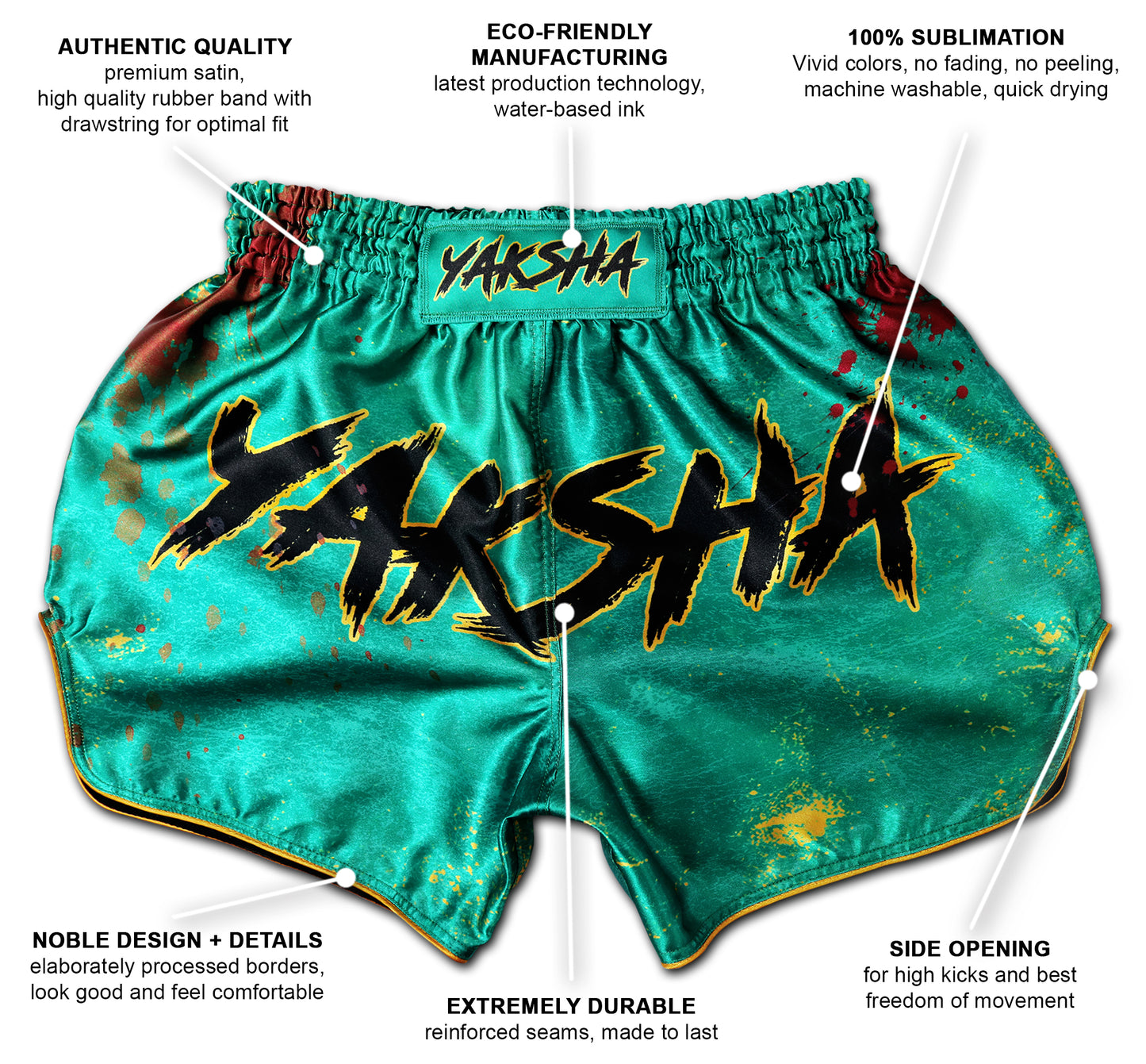 YAKSHA Muay Thai Shorts GRUNGE jade green with gold trim, showing labeled features such as premium satin, eco-friendly sublimation, reinforced seams and side openings.