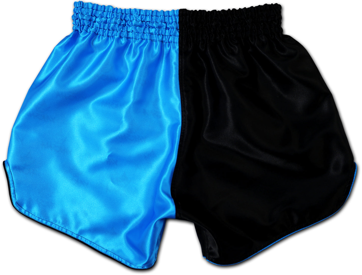 Back view of two tone Muay Thai shorts in black and blue made from premium satin, handcrafted in Thailand by YAKSHA with split color design.