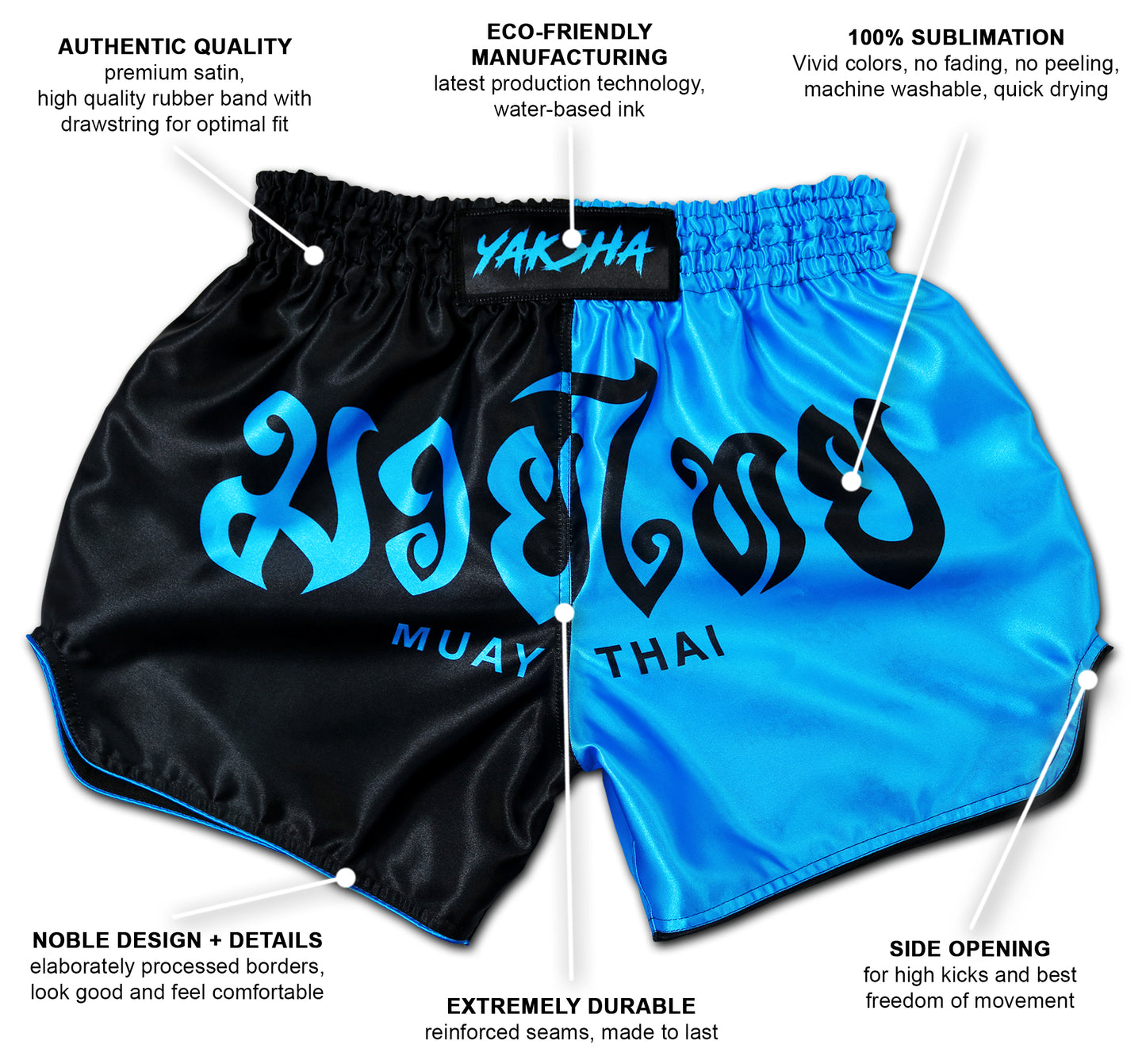 Infographic of two tone Muay Thai shorts in black and blue showing product features such as premium satin, eco-friendly sublimation, reinforced seams, and side openings.