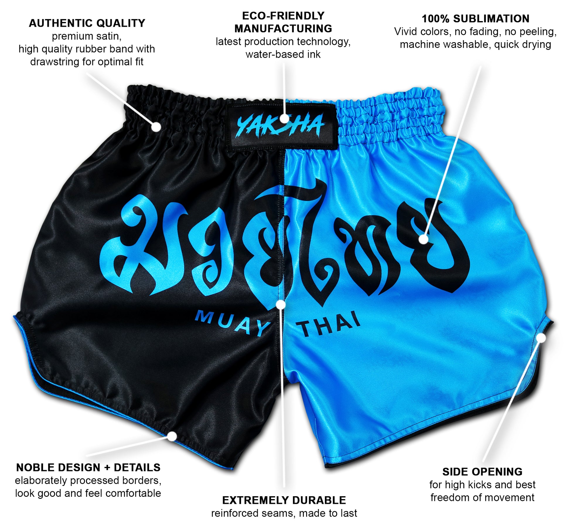 Infographic of two tone Muay Thai shorts in black and blue showing product features such as premium satin, eco-friendly sublimation, reinforced seams, and side openings.