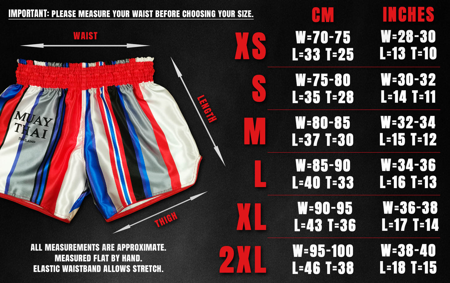 European size chart for Beautiful Violence Thai boxing shorts, sizes XS to 2XL with waist, length and thigh measurements in cm and inch