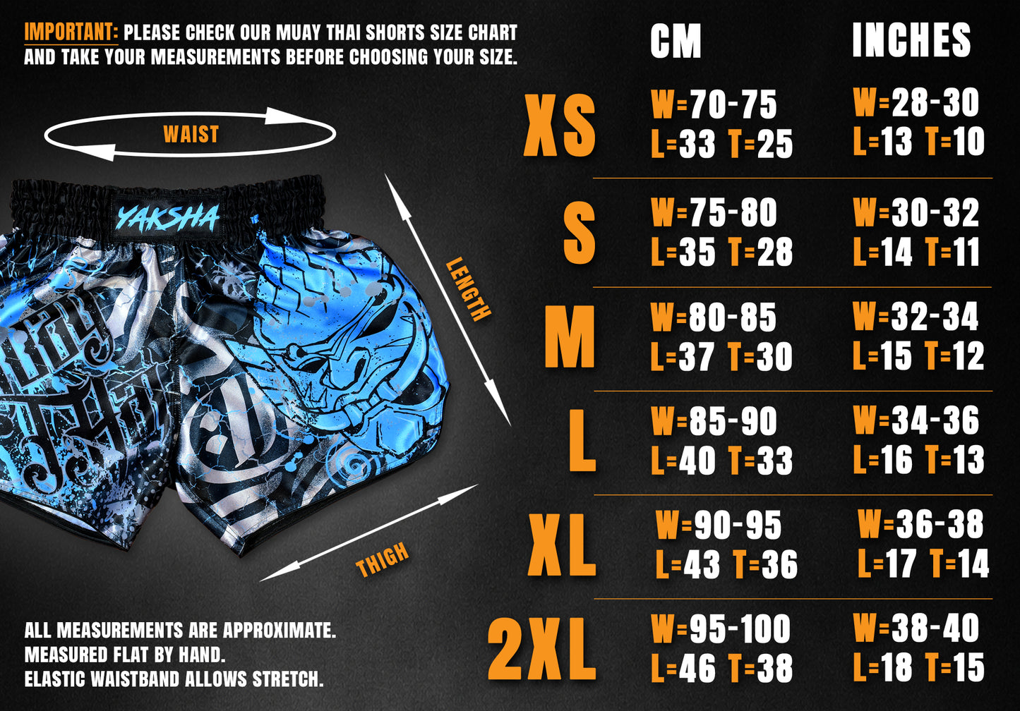 YAKSHA Demons Muay Thai shorts size chart XS to 2XL, waist and length measurements in cm and inches