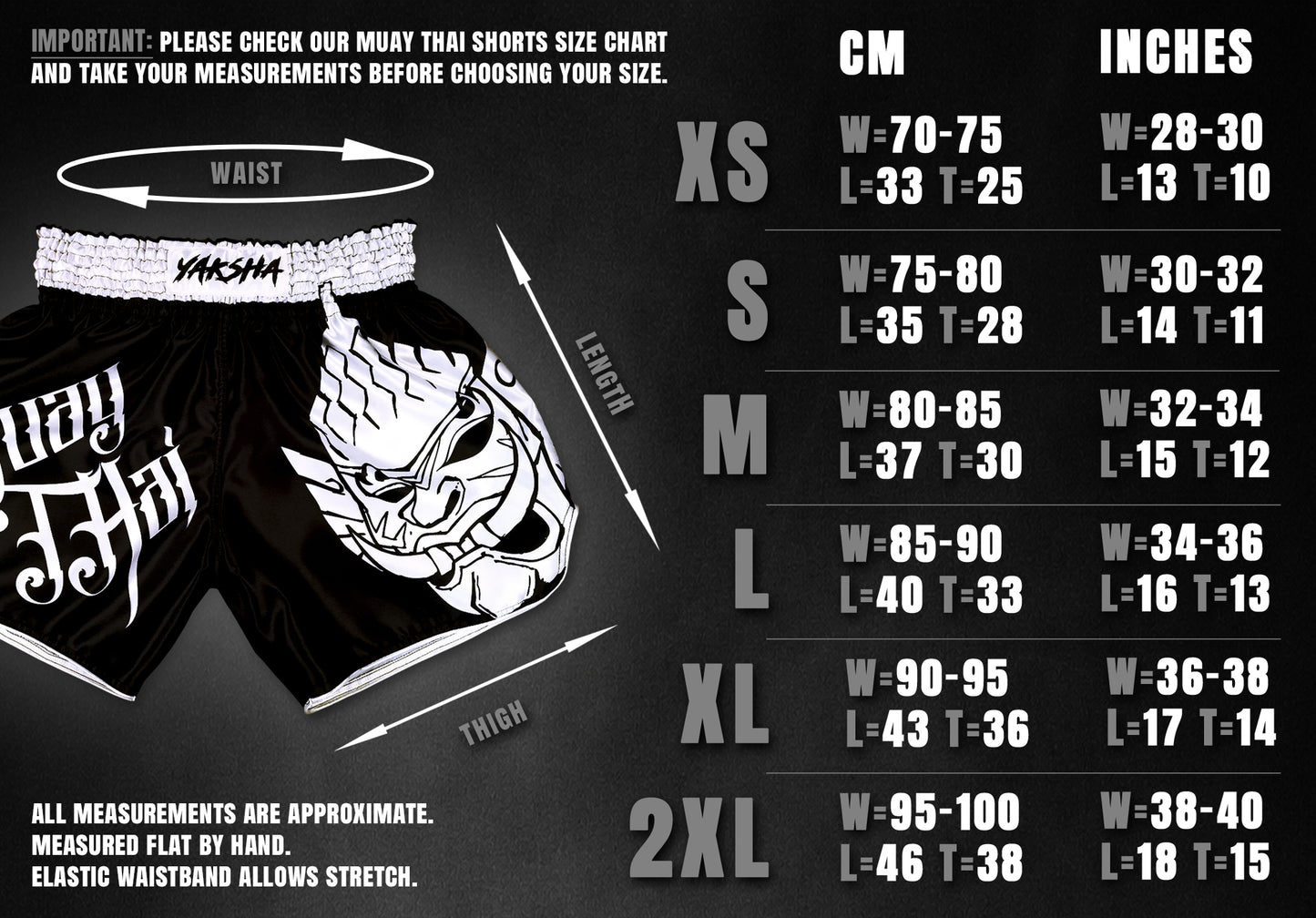 Size chart for YAKSHA Yin Yang Thai fightshorts in black and white, waist and length measurements in cm and inches from XS to 2XL