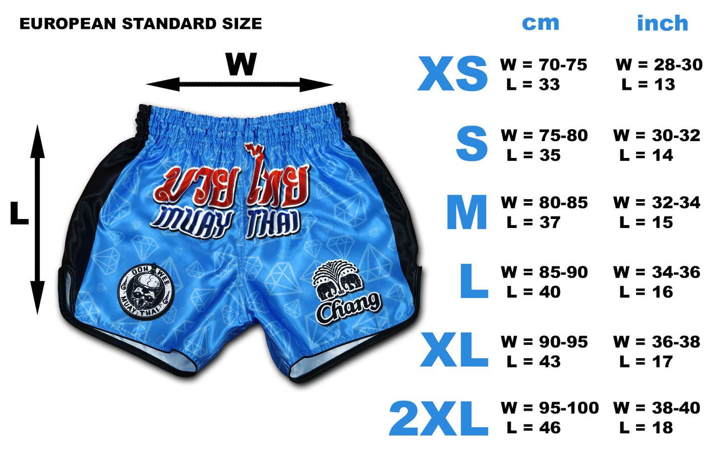 Size chart for BLUE CORNER fightshorts, European standard XS to 2XL in cm and inch