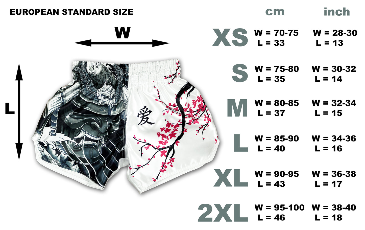 Cherry Blossom Samurai Muay Thai Boxing Shorts European Standard size chart from XS to 2XL with waist and length measurements in centimeters and inches