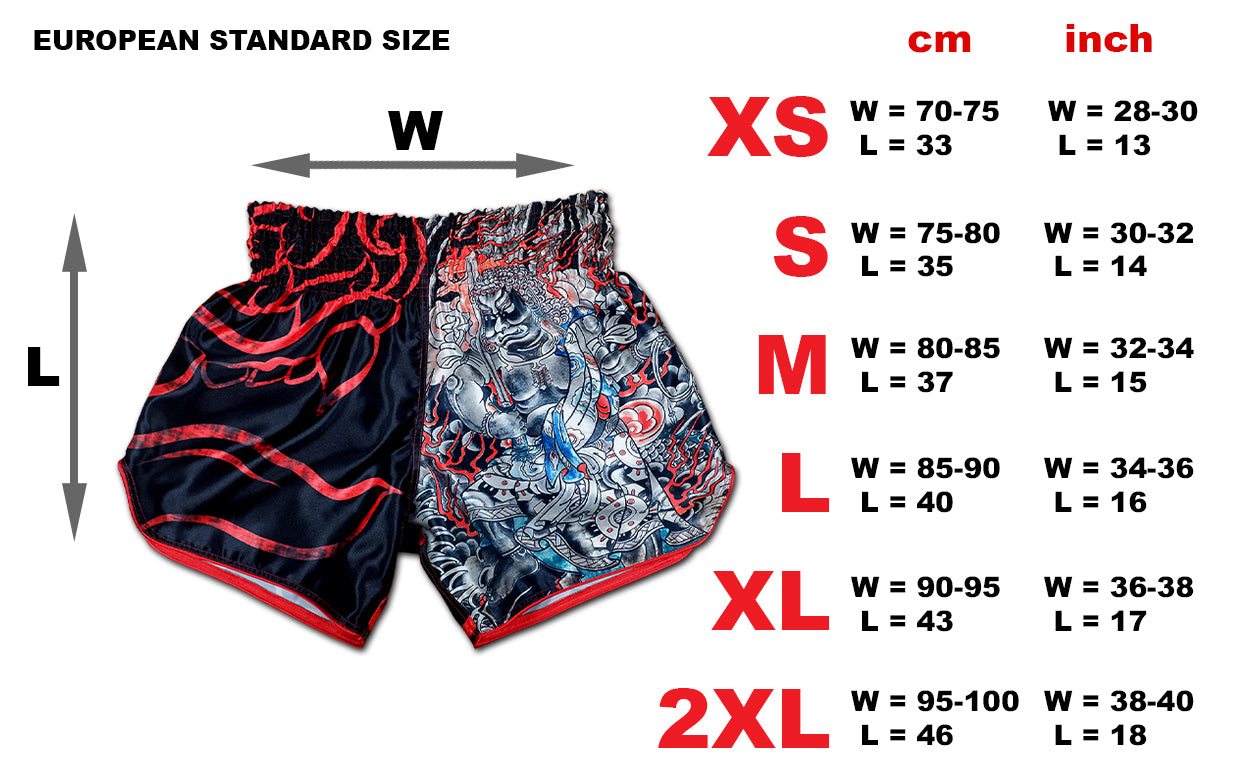 Size chart for Dragon Master Mixed Martial Arts Shorts with waist and length measurements from XS to 2XL