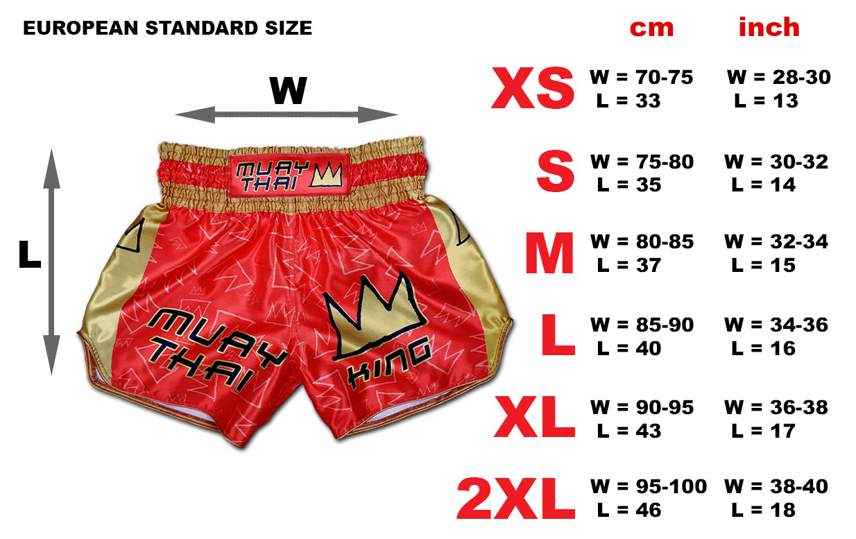 Size chart for Muay Thai King boxing shorts with European standard measurements from XS to 2XL in cm and inch