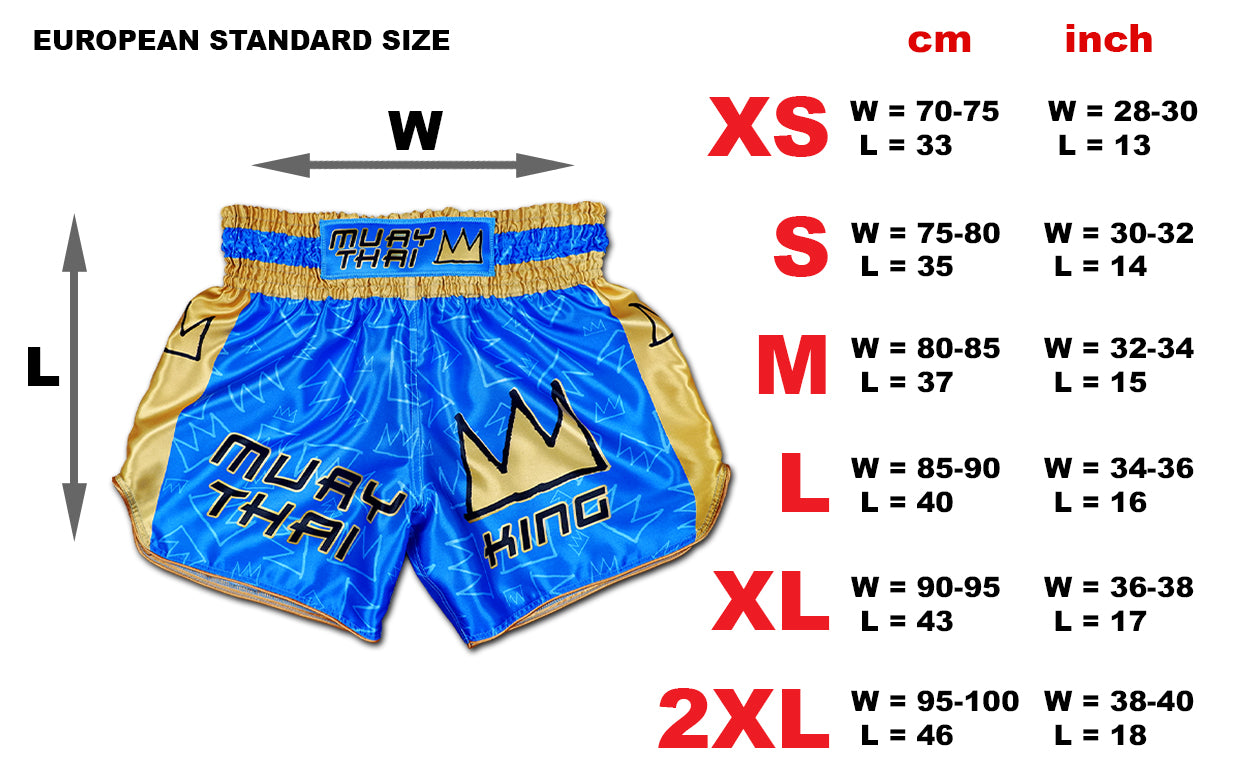 Size chart for Muay Thai King Thaiboxing shorts in royal blue and gold with European standard measurements from XS to 2XL