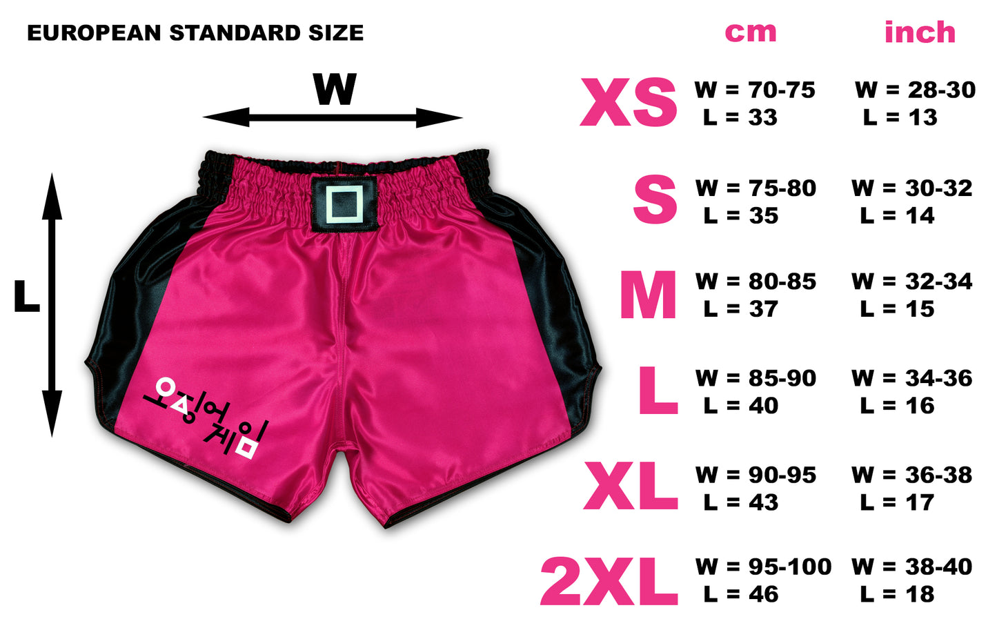European size chart for Pink Soldier fight shorts with waist and length measurements