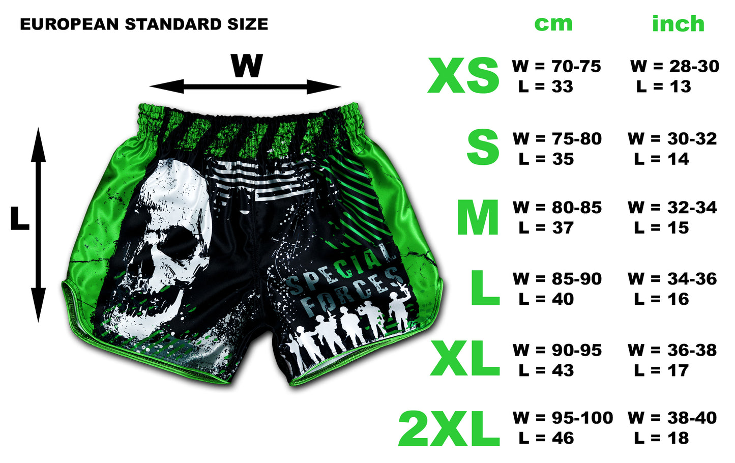 Special Forces Fight Shorts size chart with sizes XS to 2XL, waist and length measurements in centimeters and inches.