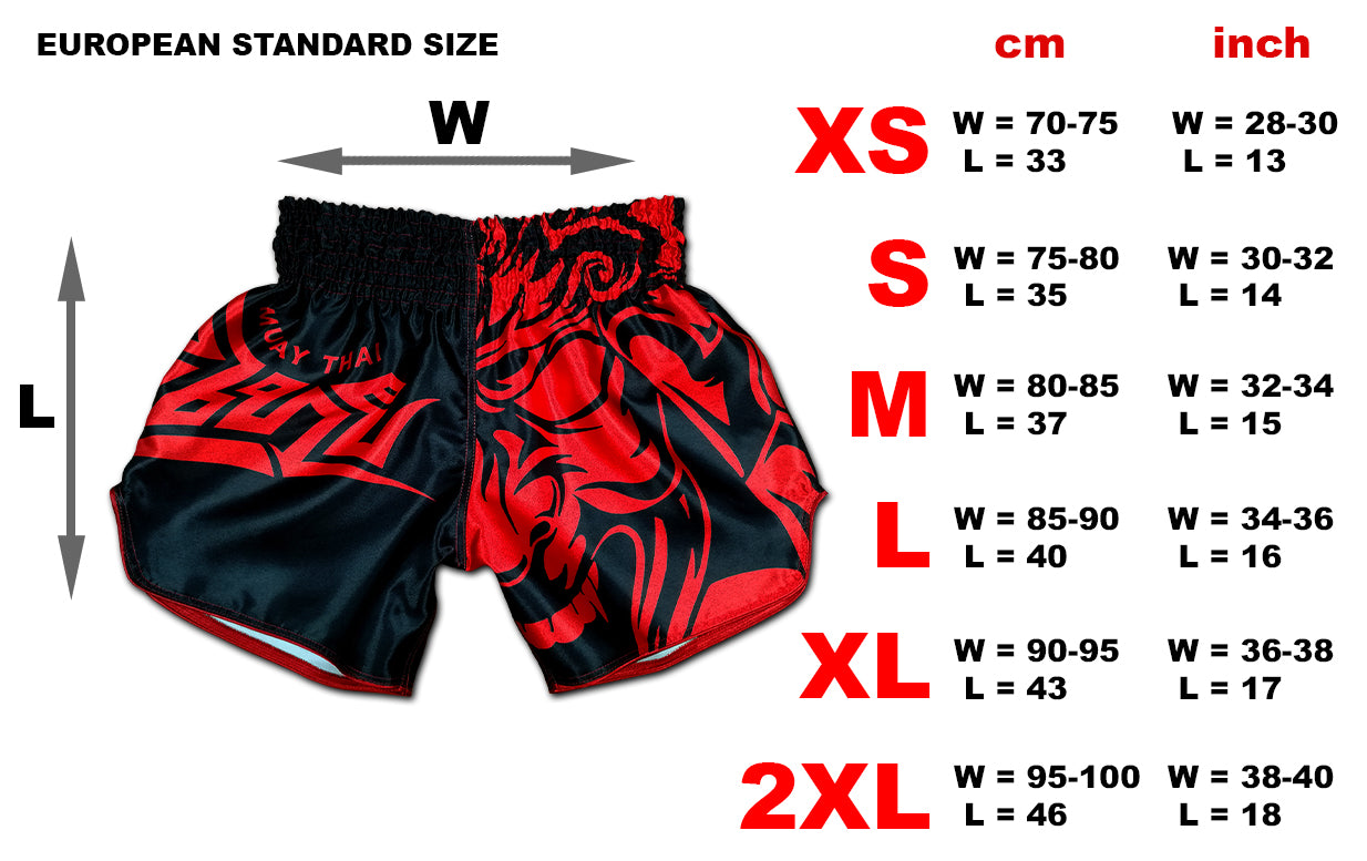 Size chart for Tribal Samurai Muay Thai boxing shorts available in XS to 2XL with waist and length measurements in cm and inch