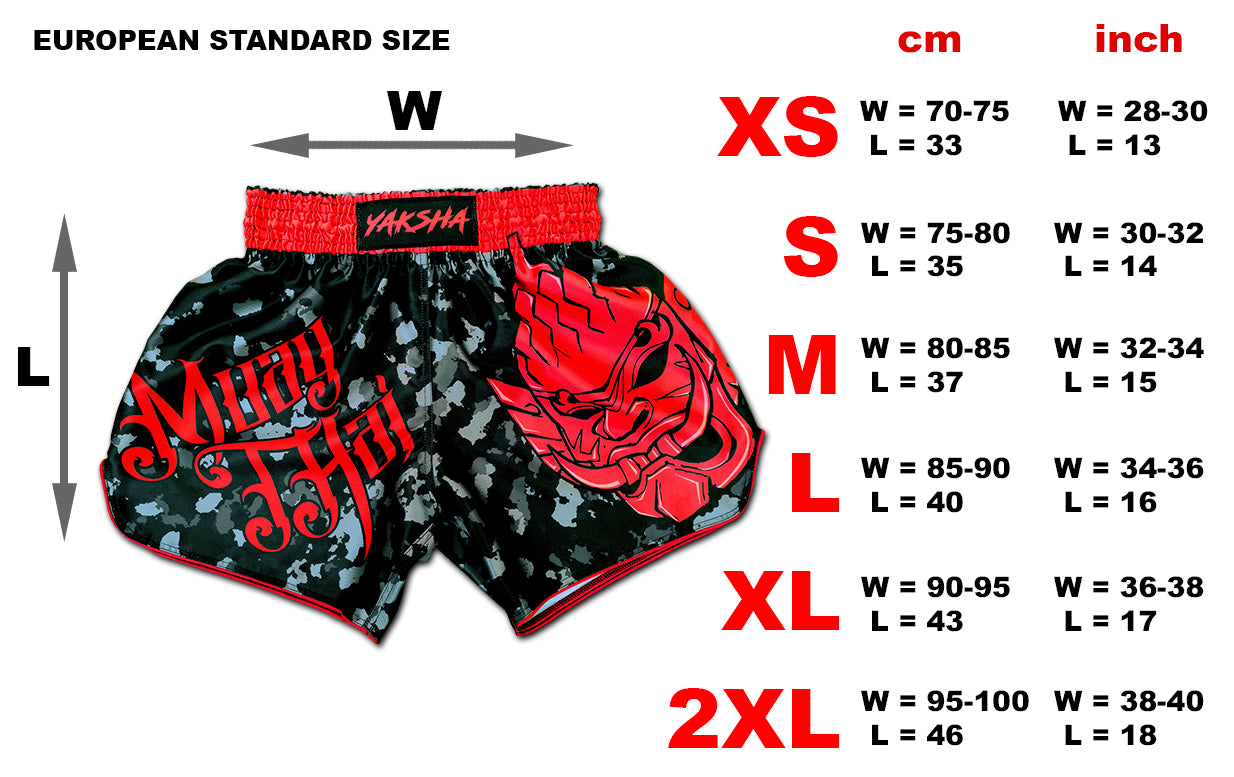 Size chart for YAKSHA Black Red Camouflage kickboxing shorts, European standard XS to 2XL in cm and inch
