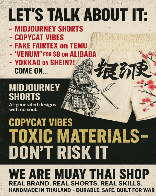 Muay Thai shorts awareness graphic calling out fake gear from Temu, Shein, and Alibaba; promotes handmade, ethical shorts from Thailand.