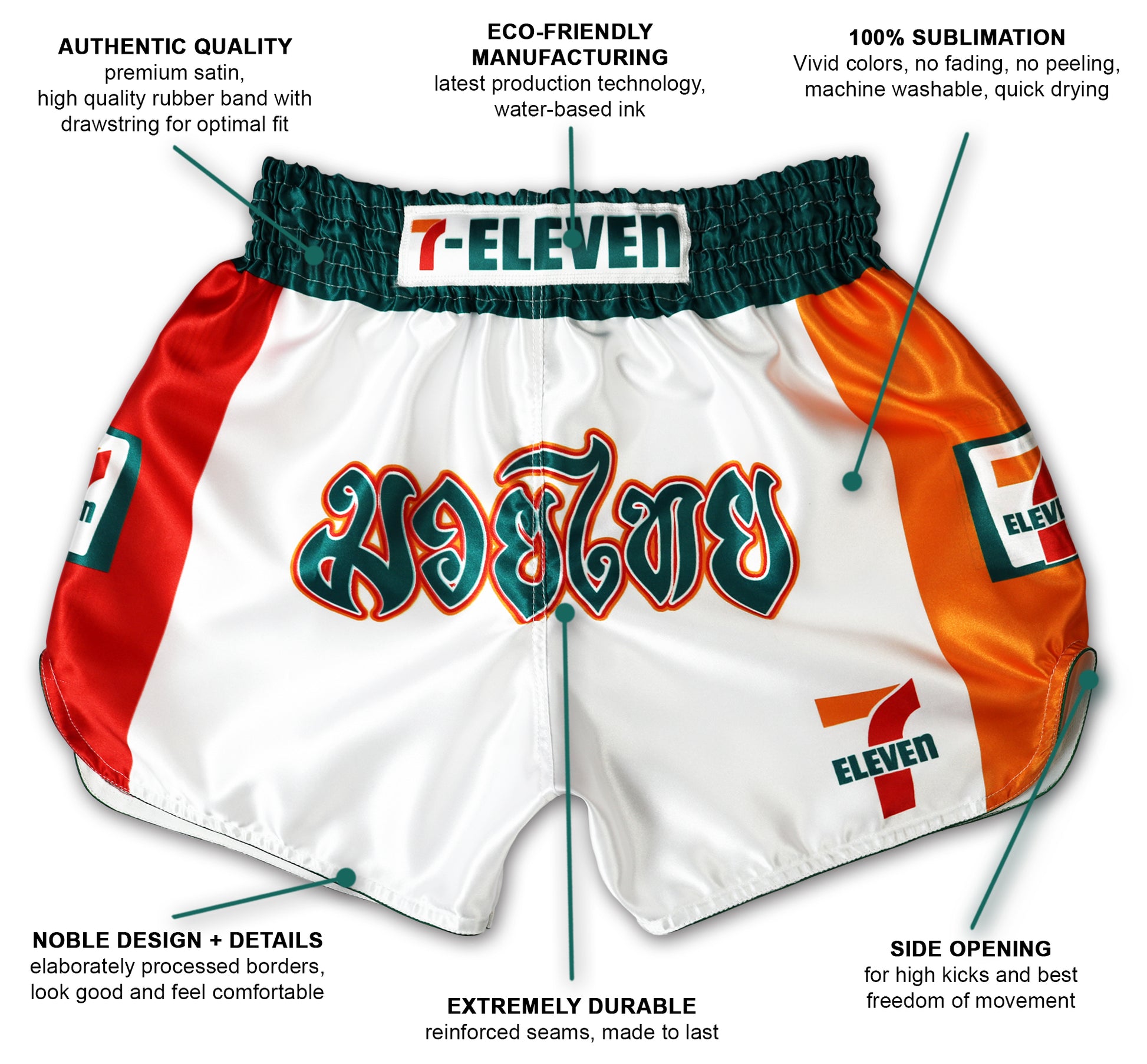 Front view of white Muay Thai shorts with green, red, and orange 7-Eleven colors, annotated with details highlighting premium satin fabric, eco-friendly manufacturing, sublimation printing, reinforced seams, side openings, and elaborate design.