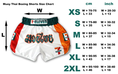 Muay Thai boxing shorts size chart showing 7-Eleven shorts with waist and length measurements for sizes XS to 2XL in centimeters and inches