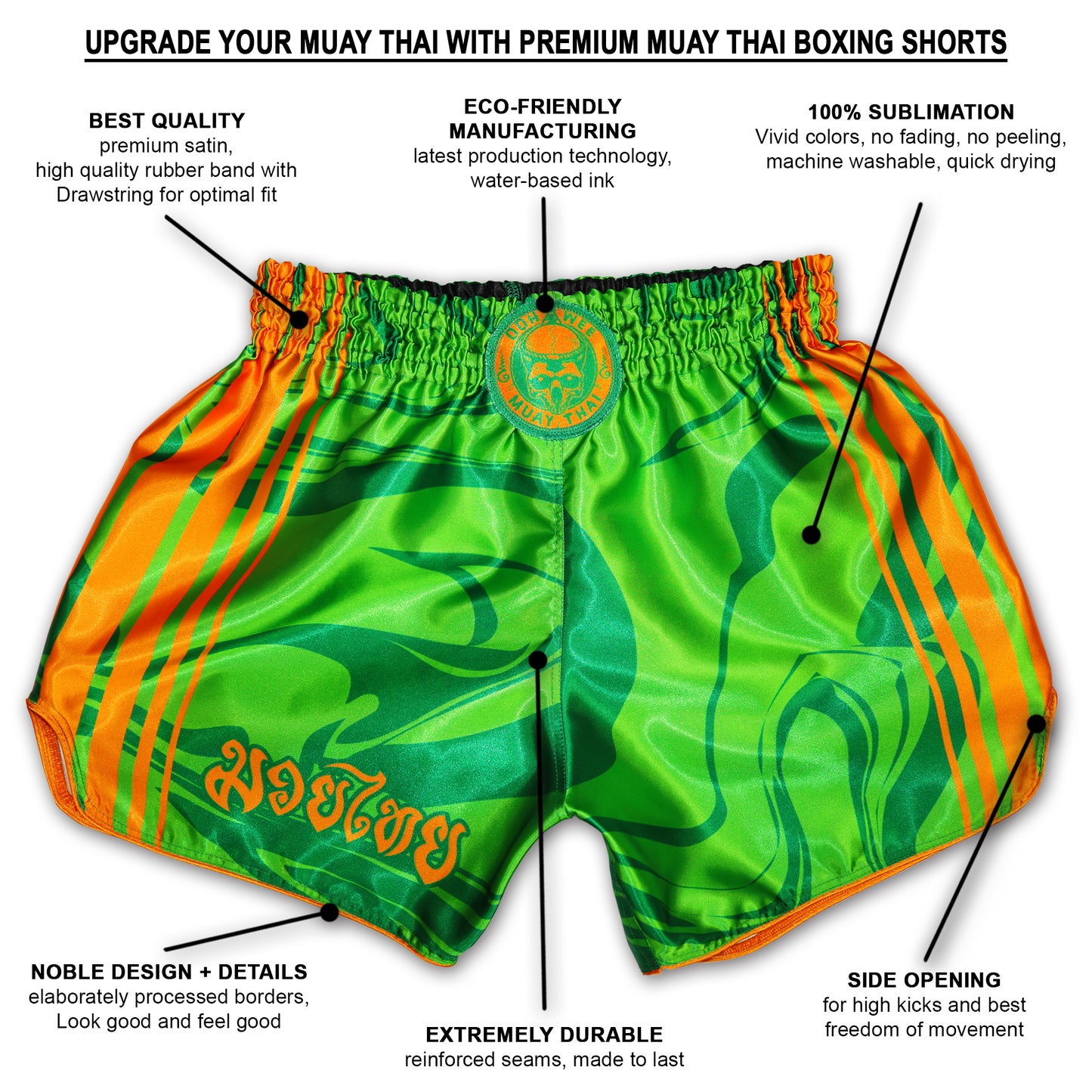 OOWEE Emerald Strike green Muay Thai shorts infographic showing premium satin, elastic waistband, 100% sublimation, side openings and reinforced seams.