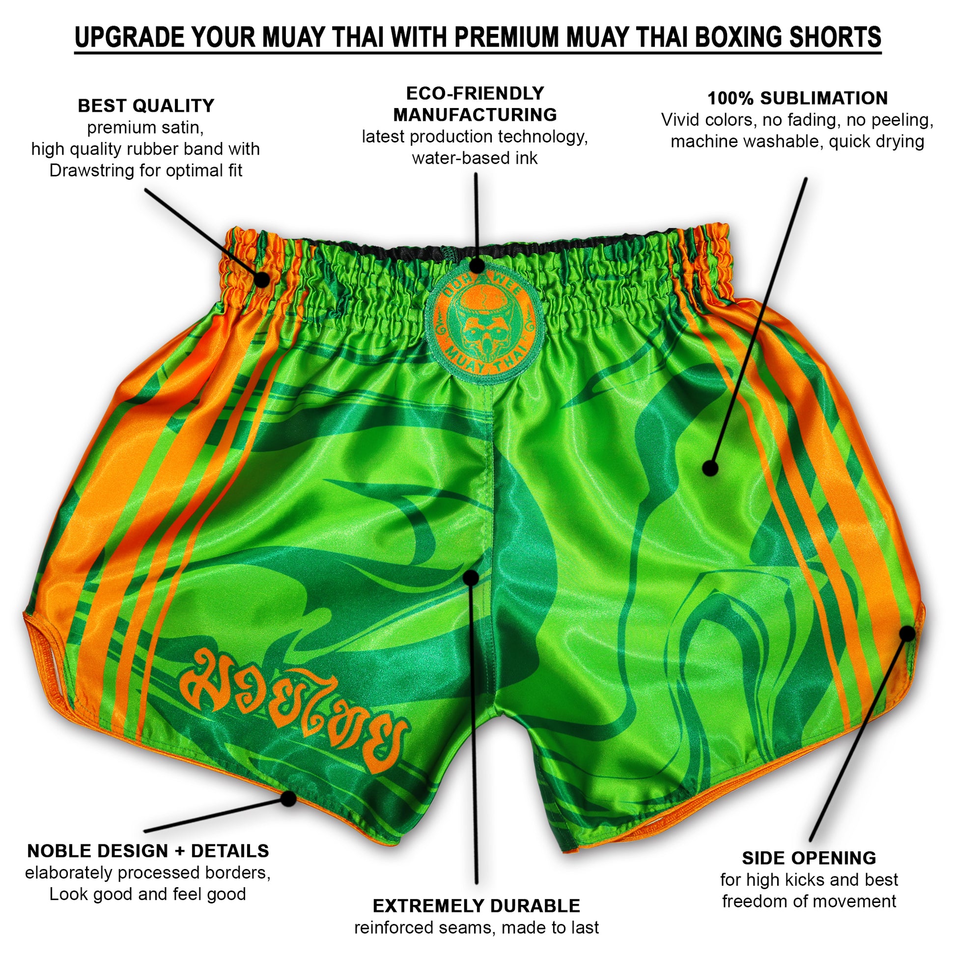 OOWEE Emerald Strike green Muay Thai shorts infographic showing premium satin, elastic waistband, 100% sublimation, side openings and reinforced seams.
