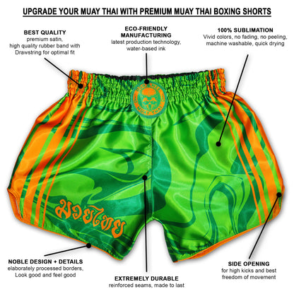 OOWEE Emerald Strike green Muay Thai shorts infographic showing premium satin, elastic waistband, 100% sublimation, side openings and reinforced seams.