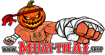 MUAY THAI SHOP Halloween Logo with Pumpkin-Head Muay Thai Fighter