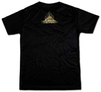 Tiger Sak Yant Muay Thai t-shirt back view, gold Sak Yant temple print on black