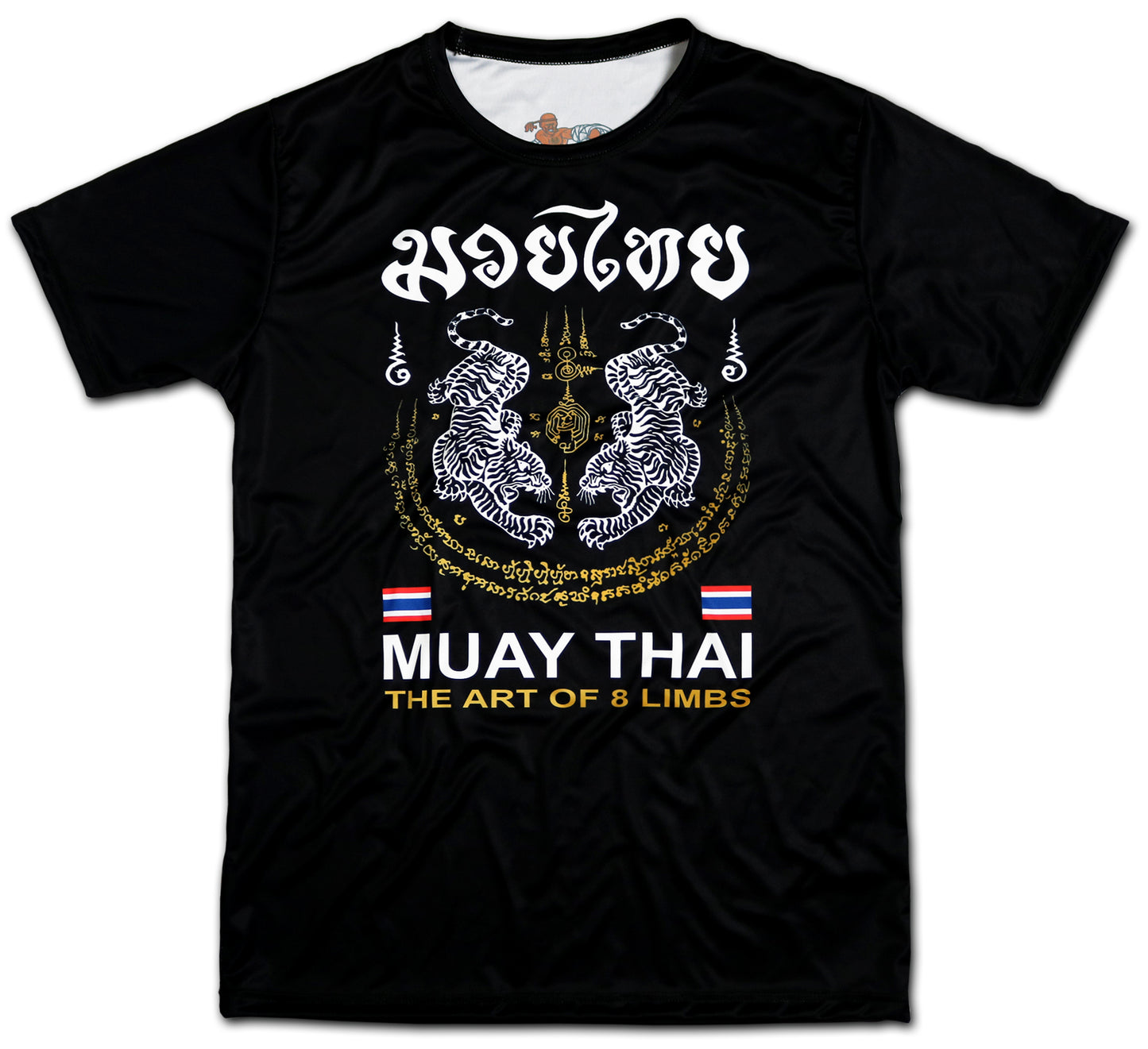 Tiger Sak Yant Muay Thai t-shirt front view, twin tiger Sak Yant design with Muay Thai script in black and gold