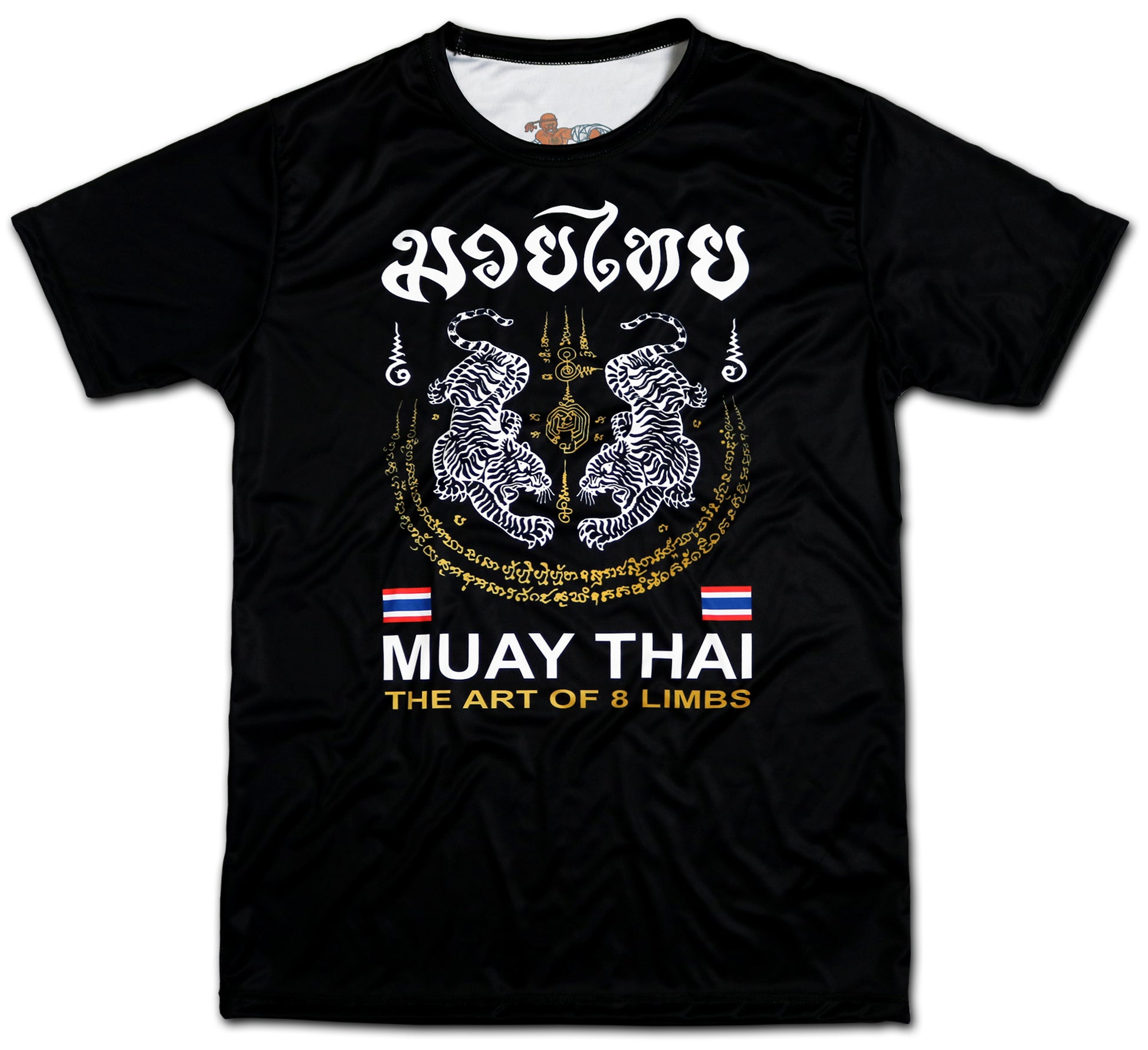 Tiger Sak Yant Muay Thai t-shirt front view, twin tiger Sak Yant design with Muay Thai script in black and gold