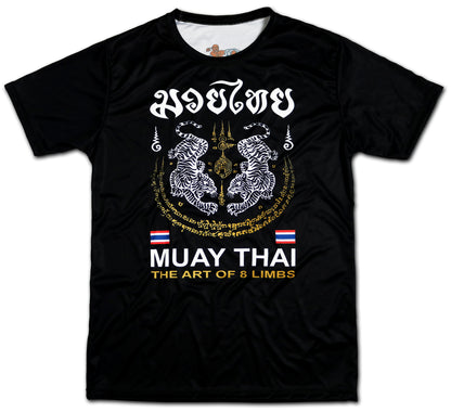 Tiger Sak Yant Muay Thai t-shirt front view, twin tiger Sak Yant design with Muay Thai script in black and gold