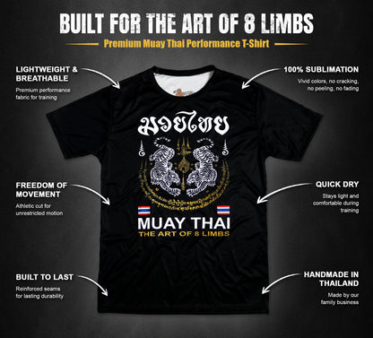 Tiger Sak Yant Muay Thai t-shirt infographic showing lightweight breathable fabric, sublimation print and handmade in Thailand quality