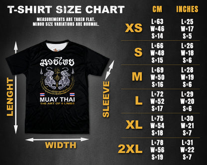 Tiger Sak Yant Muay Thai t-shirt size chart XS to 2XL with measurements in centimeter and inches