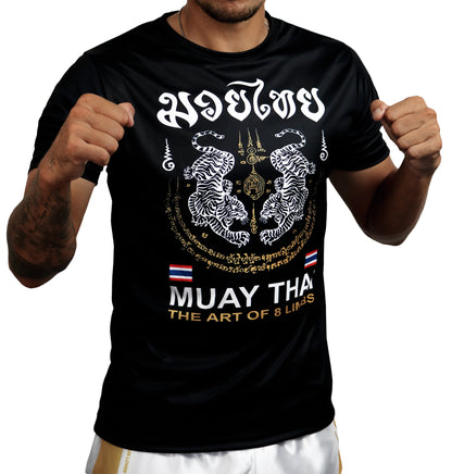 Tiger Sak Yant Muay Thai t-shirt worn by model, front view showing twin tiger Sak Yant design in fighting stance