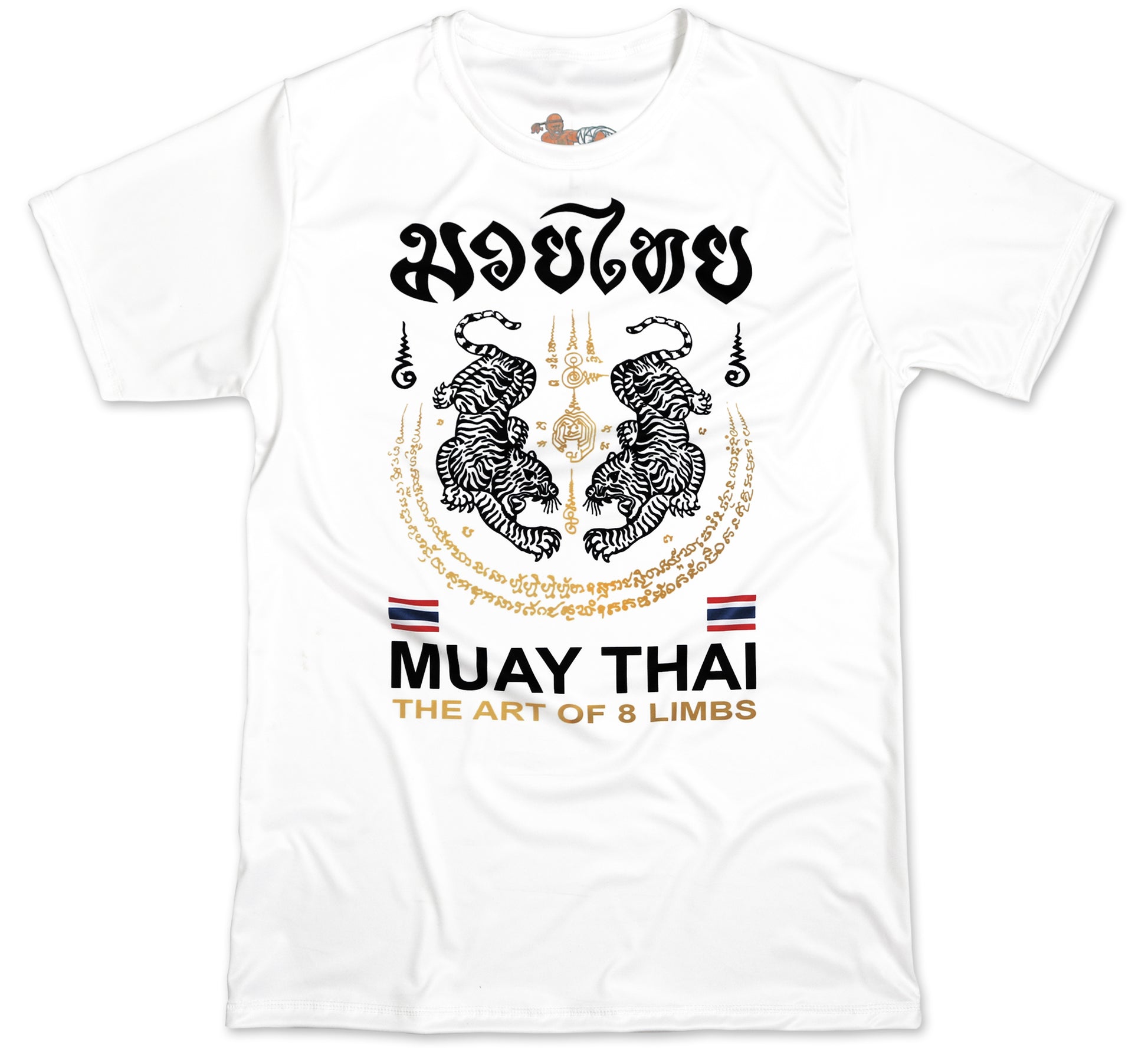 White Tiger Sak Yant Muay Thai t-shirt front view, twin tiger Sak Yant design with Muay Thai script in gold