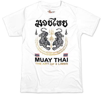 White Tiger Sak Yant Muay Thai t-shirt front view, twin tiger Sak Yant design with Muay Thai script in gold
