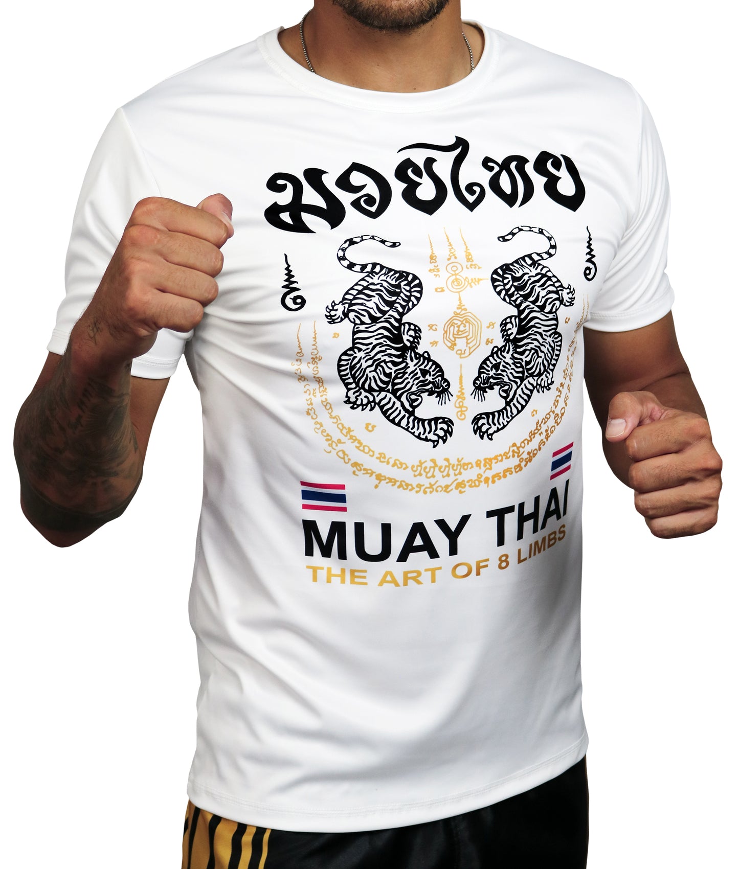 White Tiger Sak Yant Muay Thai t-shirt worn by model, front view showing twin tiger Sak Yant design in fighting stance
