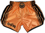 peach color muay thai boxing shorts with black stripes