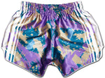 Premium purple Muay Thai shorts: 8 white stripes, Thai lettering. Unisex XS-2XL. Hand-crafted in Thailand