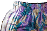 Purple Muay Thai shorts: 8 white stripes, Thai lettering. Premium satin, unisex sizes XS-2XL. Hand-crafted in Thailand.