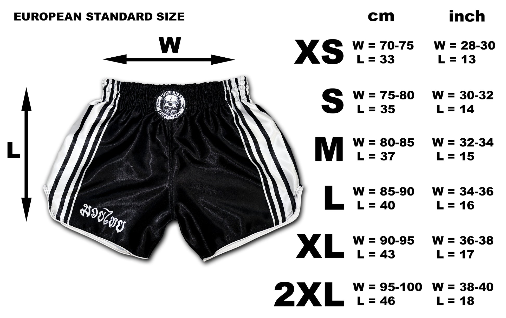 size chart for black muay thai boxing shorts