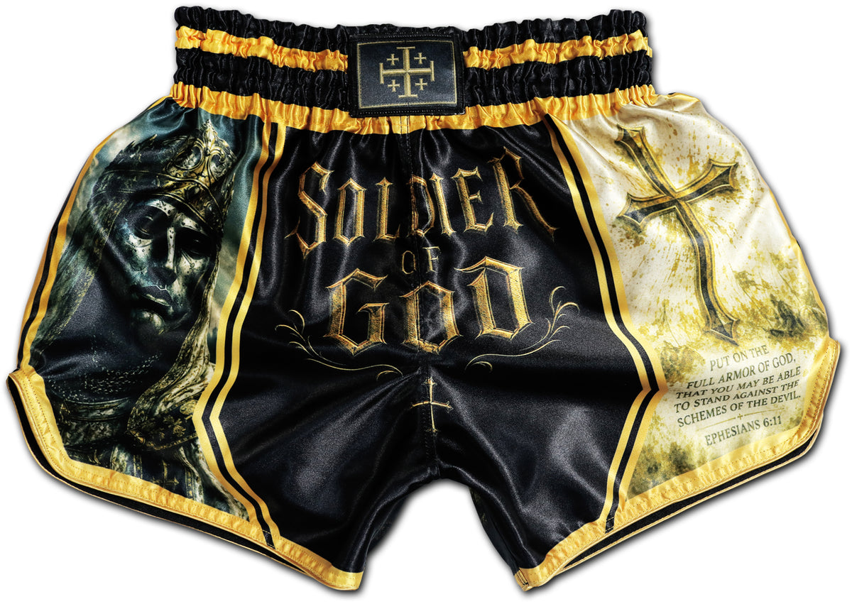 Soldier of God ✞ Thai Boxing Shorts in Black and Gold