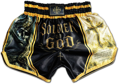 Soldier of God ✞ Thai Boxing Shorts in Black and Gold