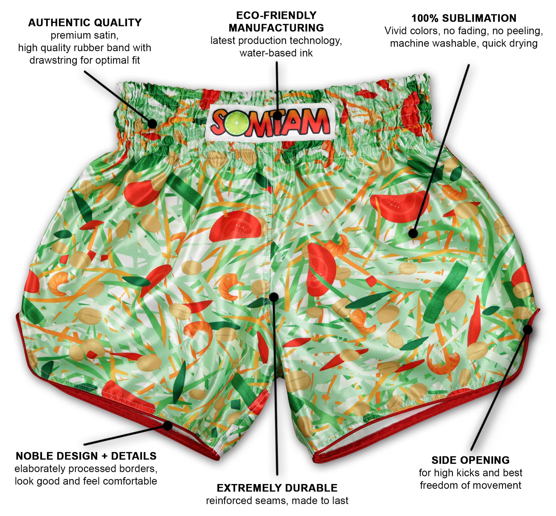 Infographic showing premium satin, eco-friendly sublimation, side opening and reinforced seams of SOM TAM Muay Thai Shorts